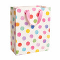 Sacchetto regalo 18 x 10 x 23 cm in carta bianca con pois colorati - manici in nastro per confezioni regalo