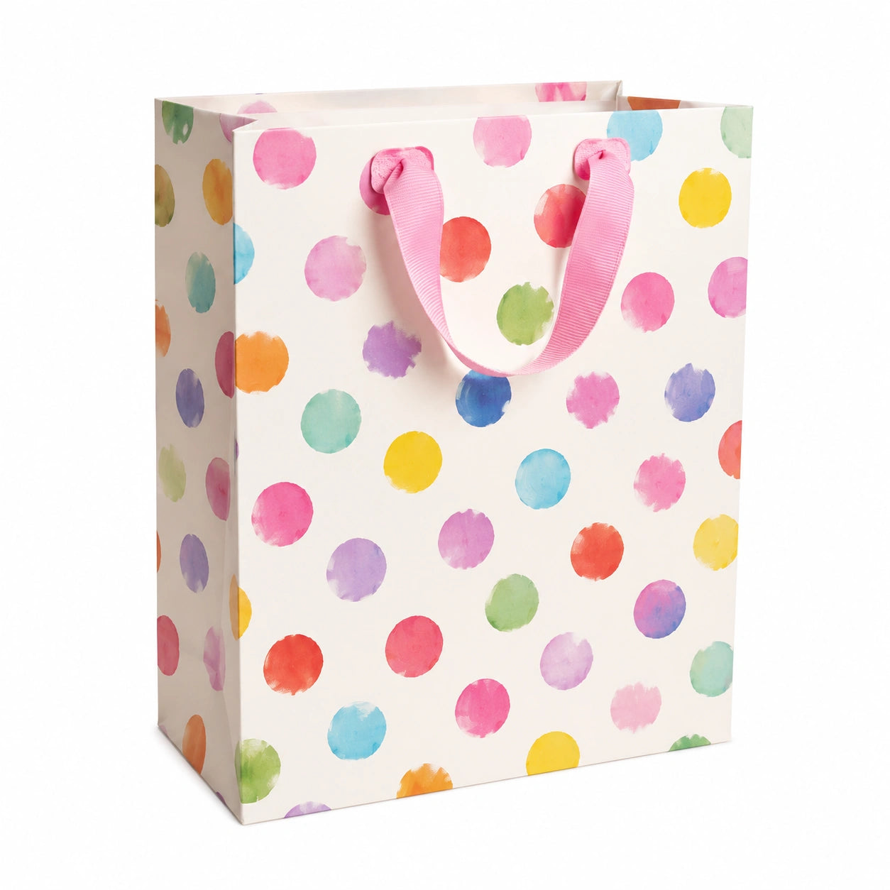 Sacchetto regalo 18 x 10 x 23 cm in carta bianca con pois colorati - manici in nastro per confezioni regalo