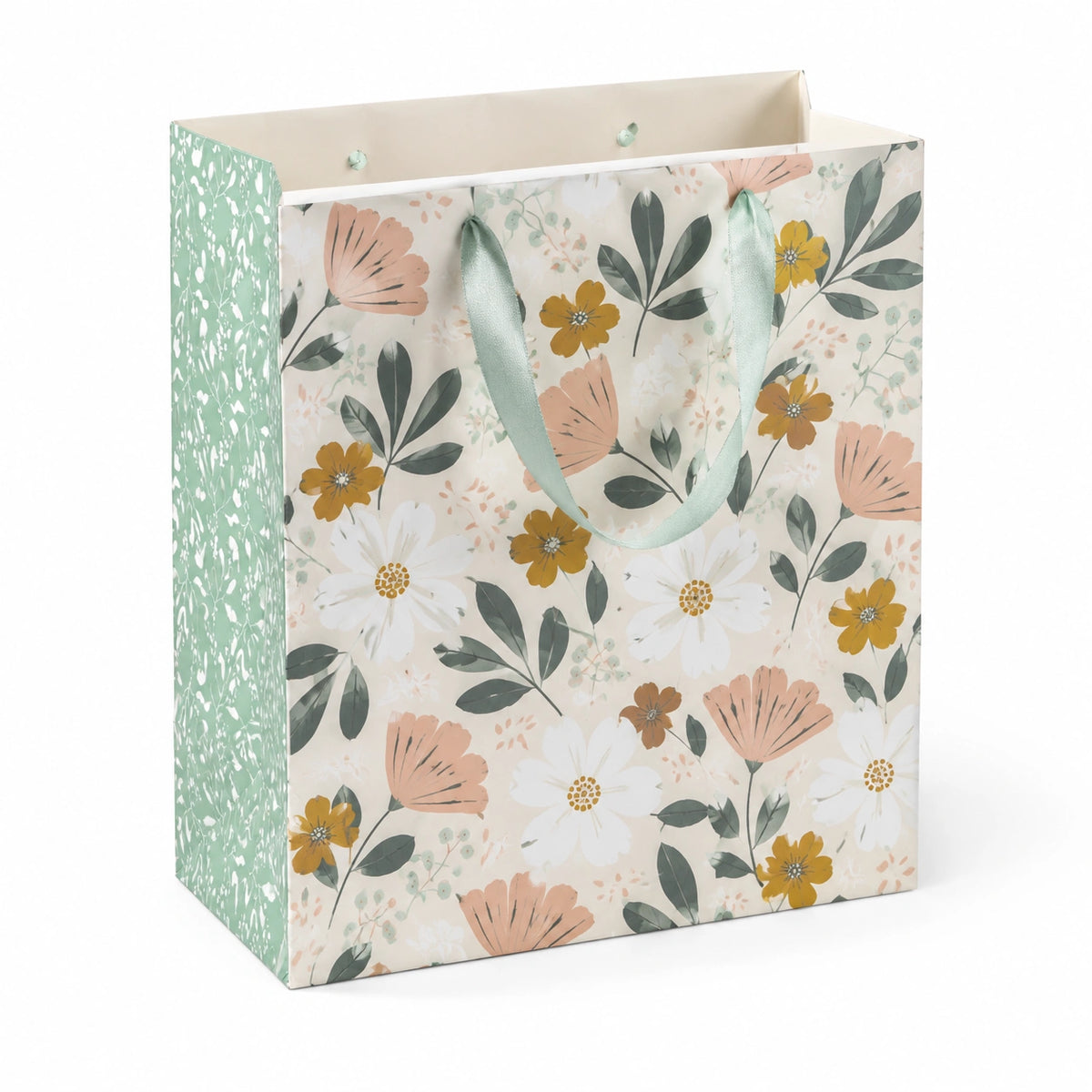 Borsa regalo 26 x 12 x 32 cm in carta multicolore con motivo floreale e manici in nastro