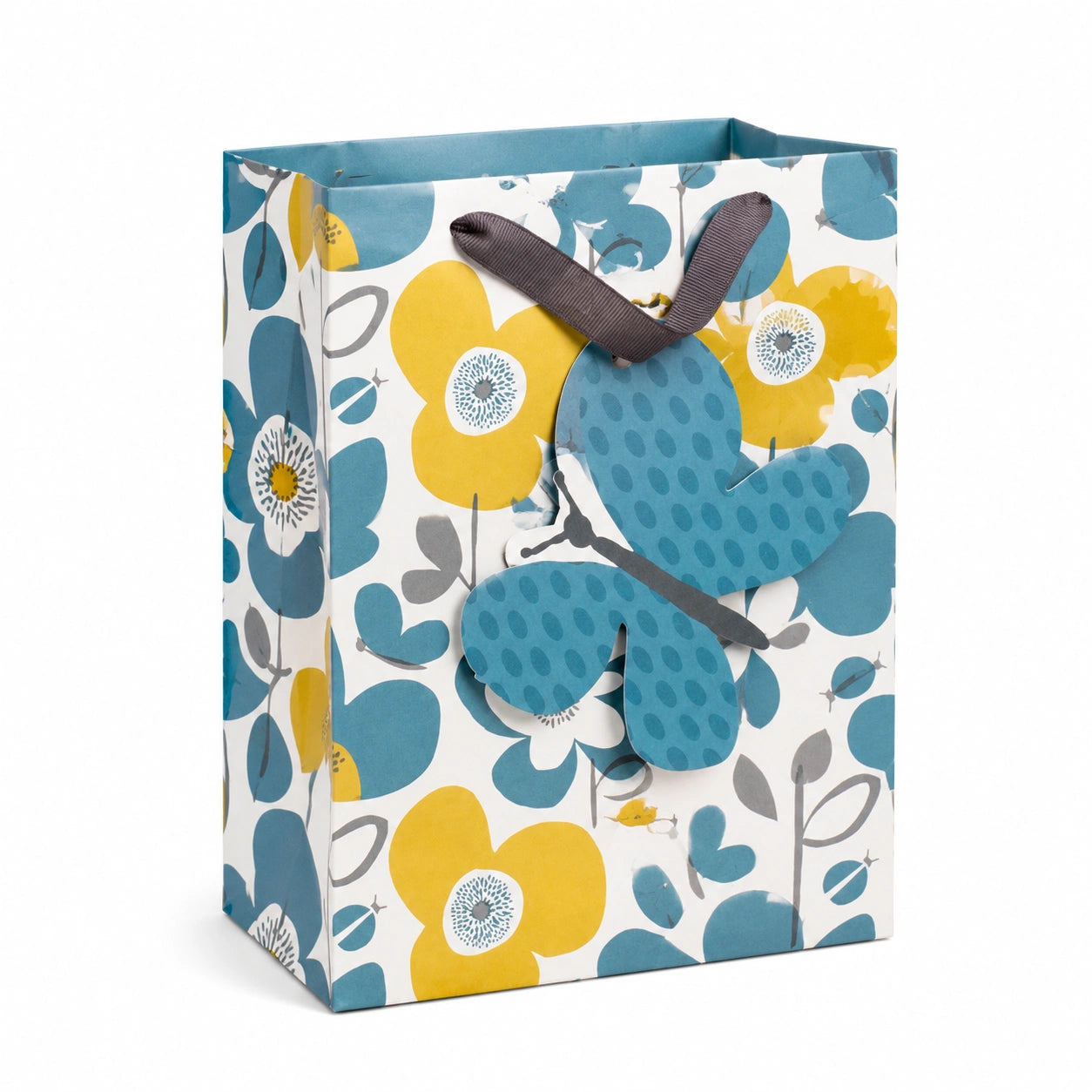 Borsa regalo 26 x 12 x 32 cm in carta bianca blu e gialla con manici in nastro e motivo floreale
