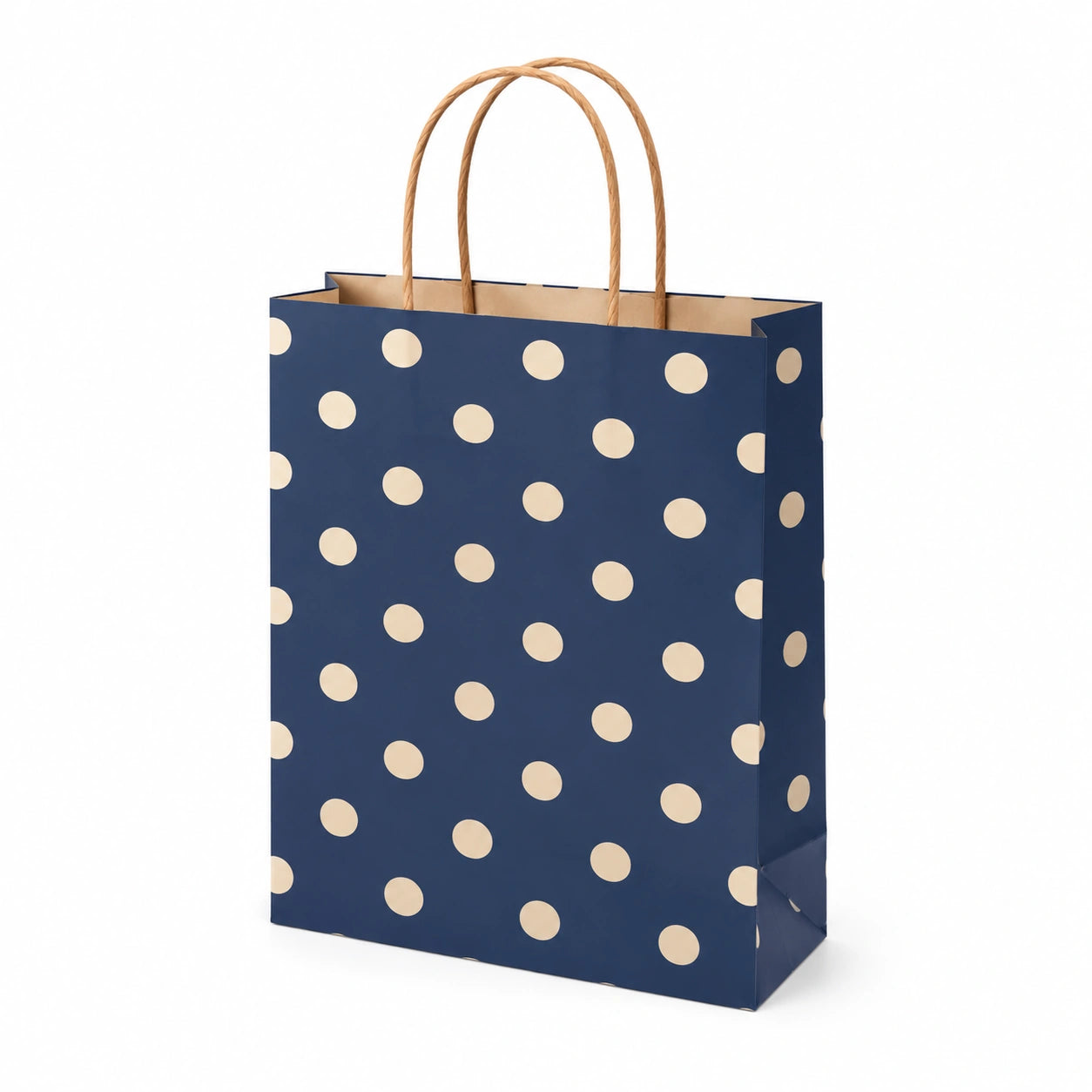 Borsa regalo 32 x 12 x 26 cm in carta blu con pois beige e manici in corda