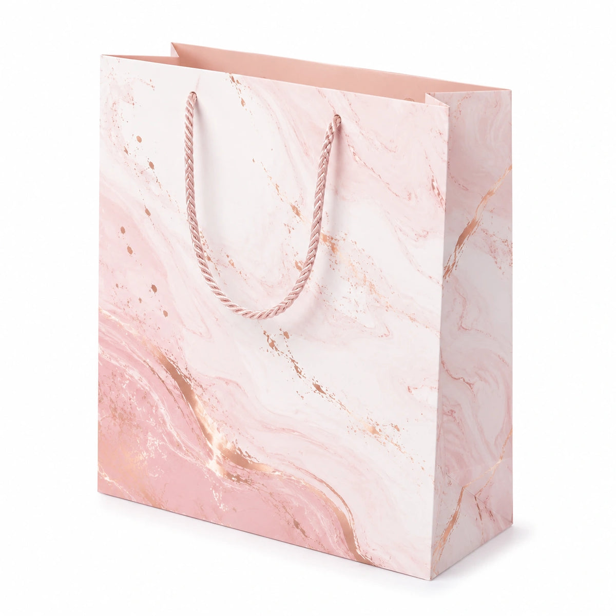 Borsa regalo 26 x 12 x 32 cm in carta rosa effetto marmo con manici in corda