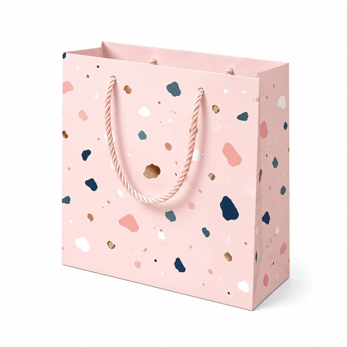 Sacchetto regalo 26 x 12 x 32 cm in carta rosa con manici in corda stile terrazzo