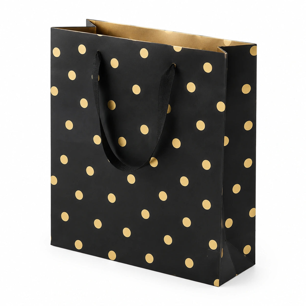 Borsa regalo 32 x 12 x 26 cm in carta nera e oro - manici in nastro stile a pois
