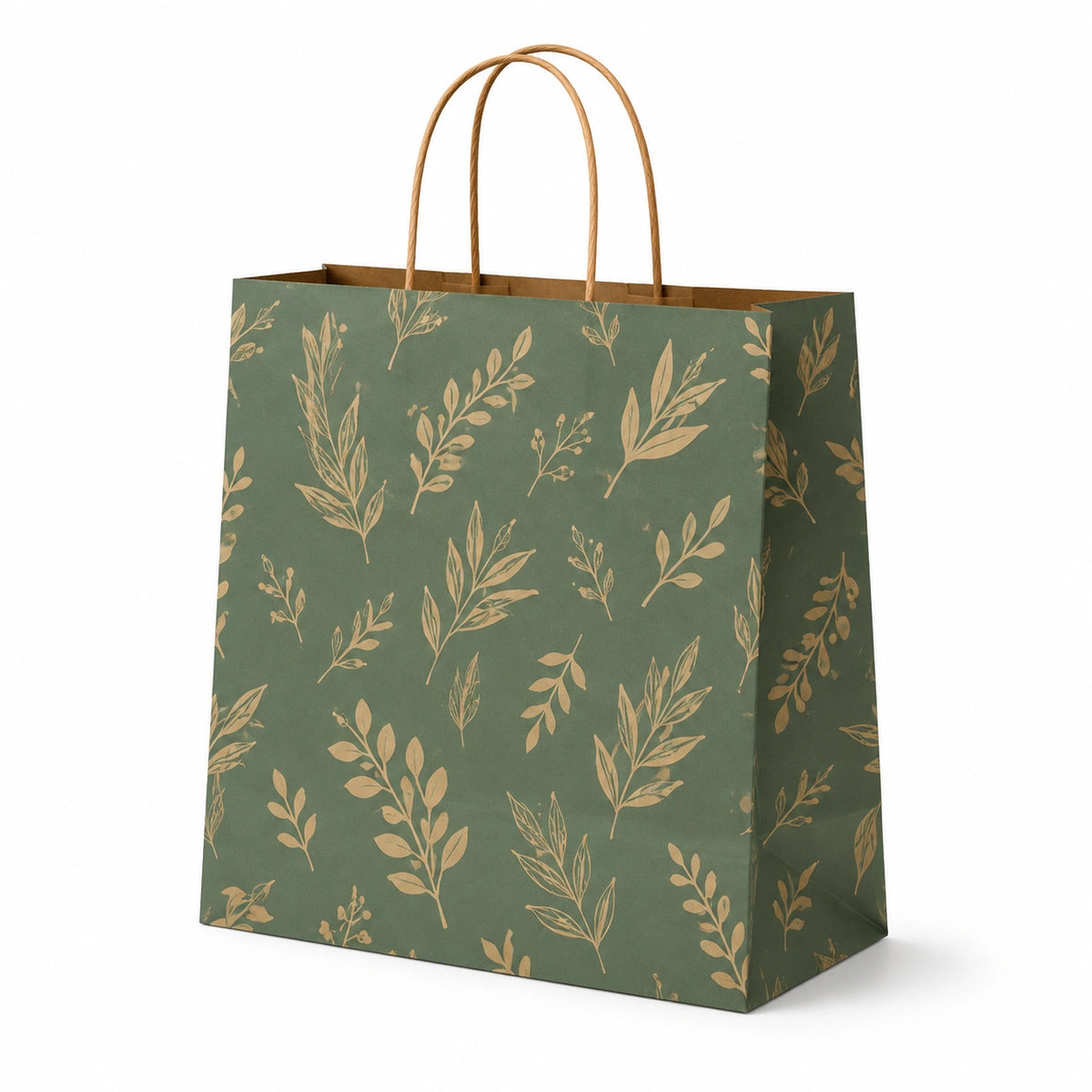 Sacchetto regalo 32 x 12 x 26 cm in carta verde con manici ritorti stile botanico