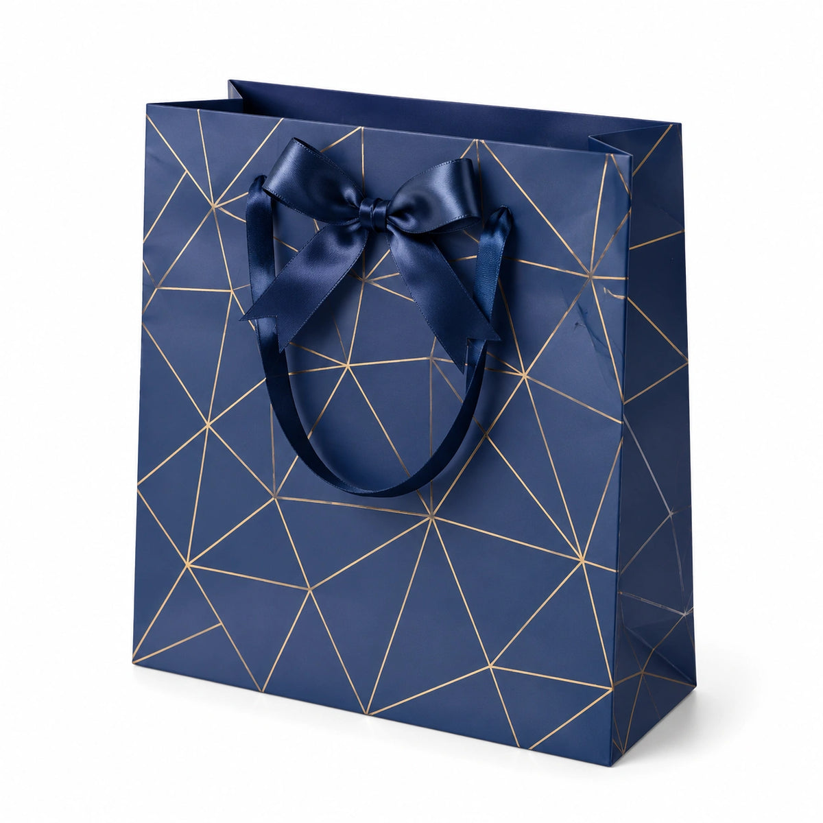 Busta regalo 32 x 12 x 26 cm in carta blu con fiocco e manici in nastro stile geometrico