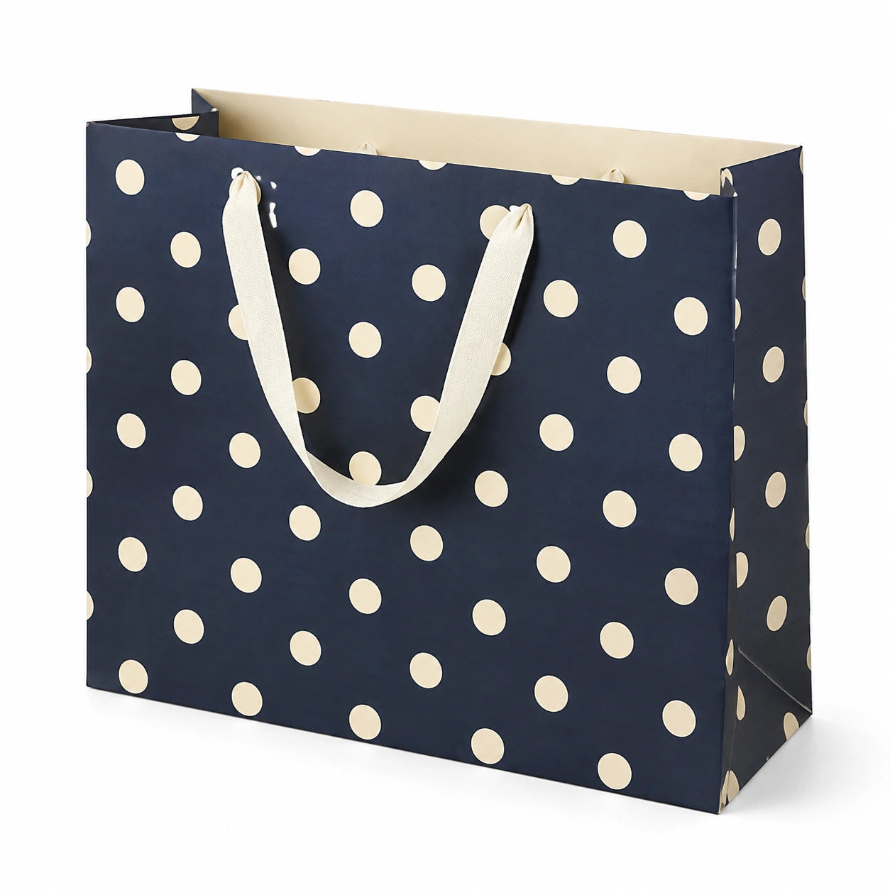 Borsa regalo in carta 30 x 12 x 25 cm blu navy con pois beige e manici in tessuto