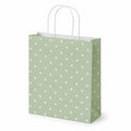Sacchetto regalo 26 x 12 x 32 cm in carta verde a pois con manici ritorti