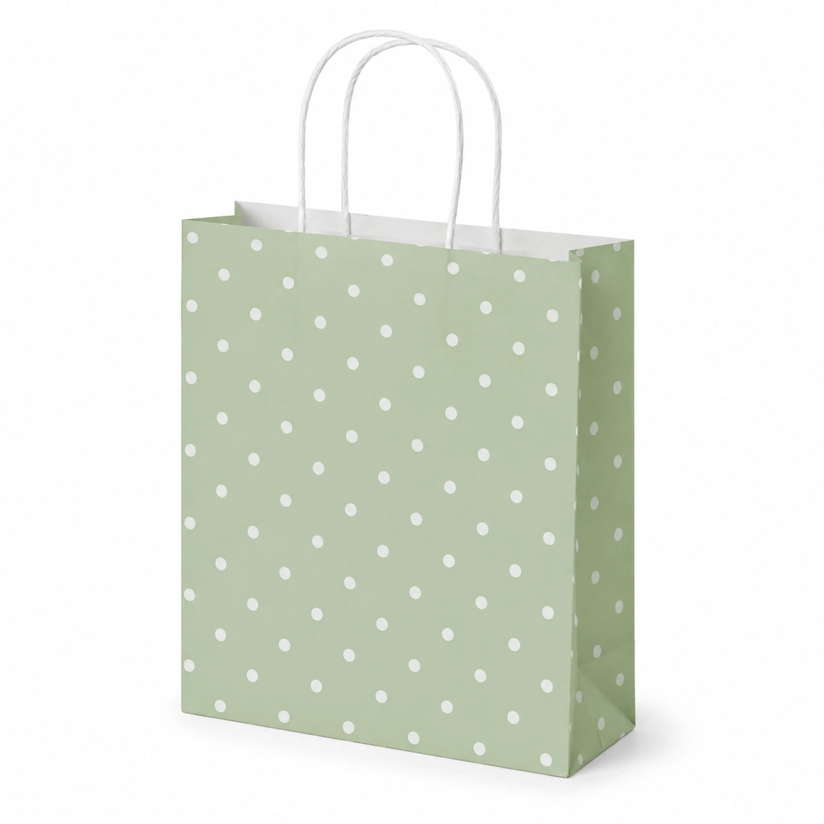 Sacchetto regalo 26 x 12 x 32 cm in carta verde a pois con manici ritorti