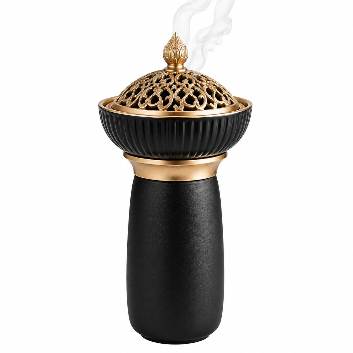 Bruciatore per incenso Ø 14 cm alto 25 cm in ceramica nera e metallo dorato traforato stile classico