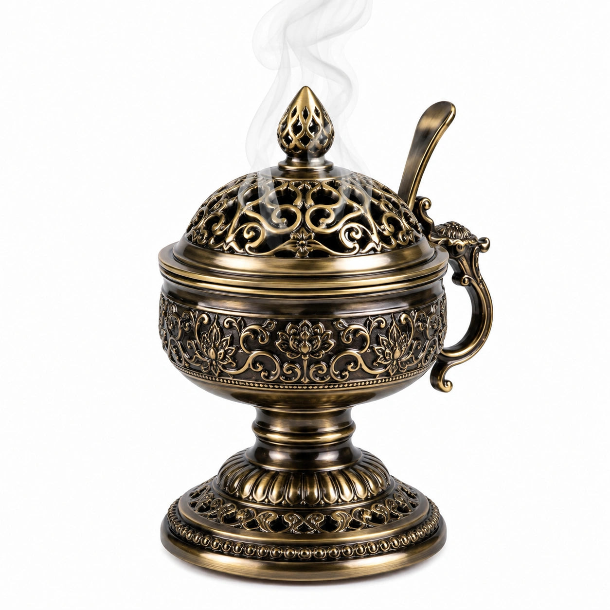 Bruciatore d'incenso in metallo 18 cm bronzo antico con coperchio traforato stile classico