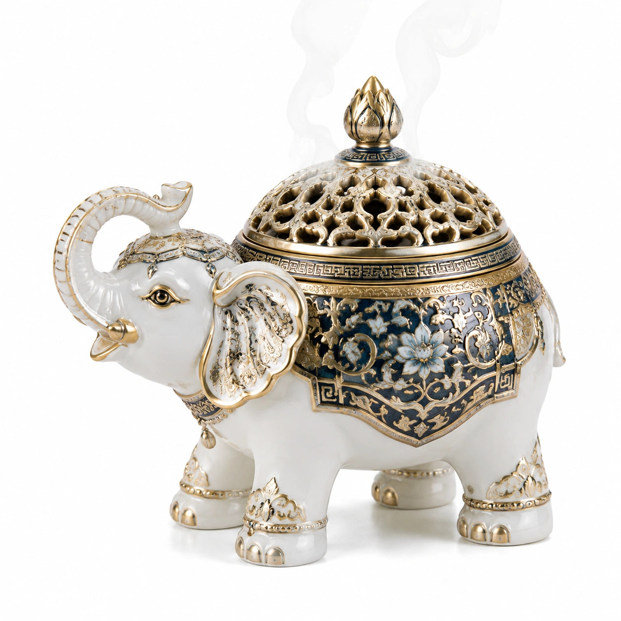 Bruciatore d'incenso a elefante 30 x 16 x 25 cm in ceramica bianca blu e oro traforata
