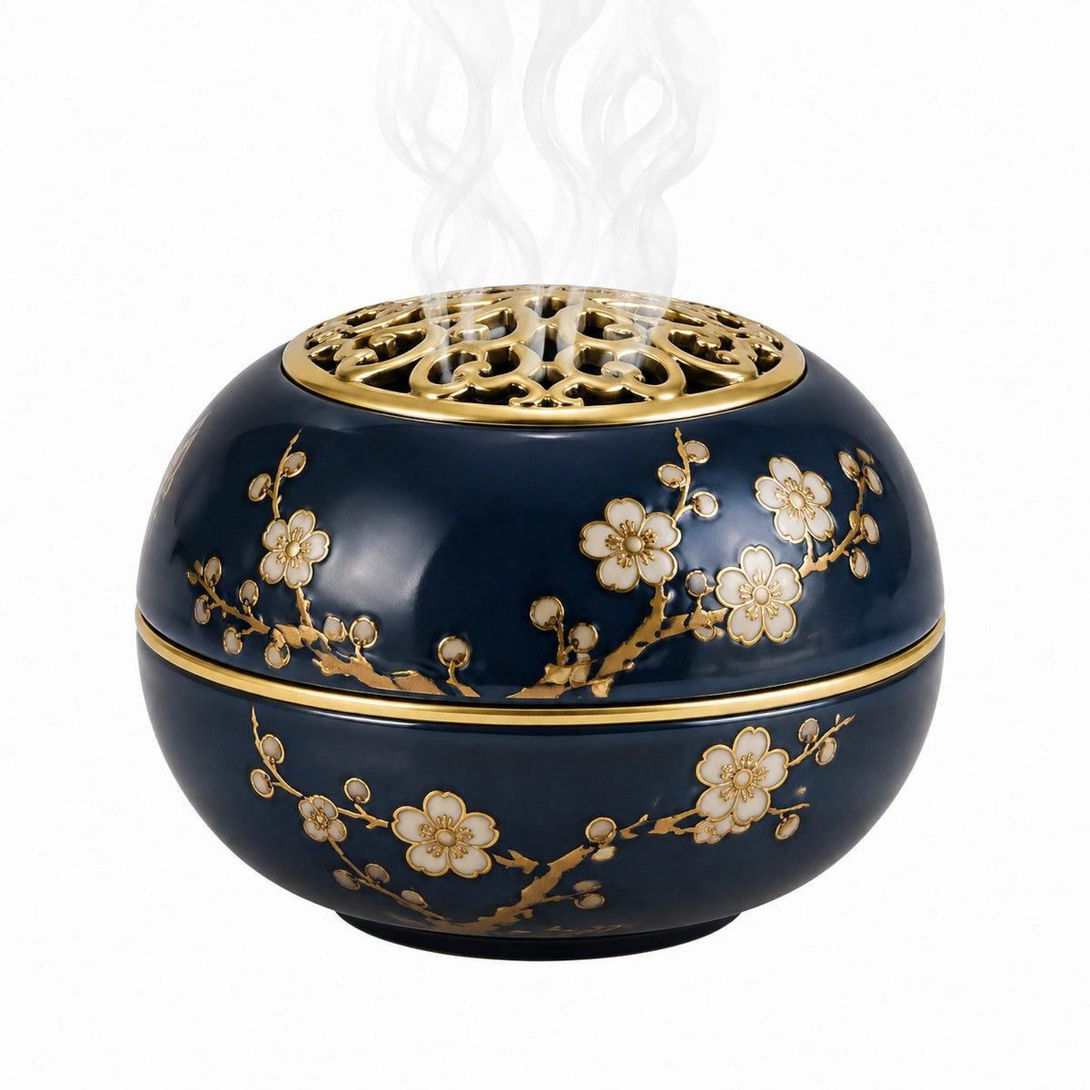 Bruciatore di incenso in ceramica 16 x 13 cm blu e oro con coperchio traforato floreale