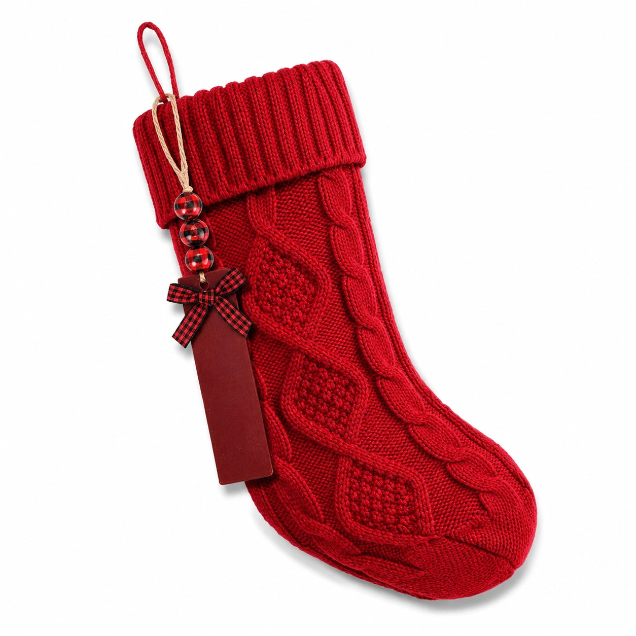 Calza decorativa natalizia rossa in maglia a trecce con passante