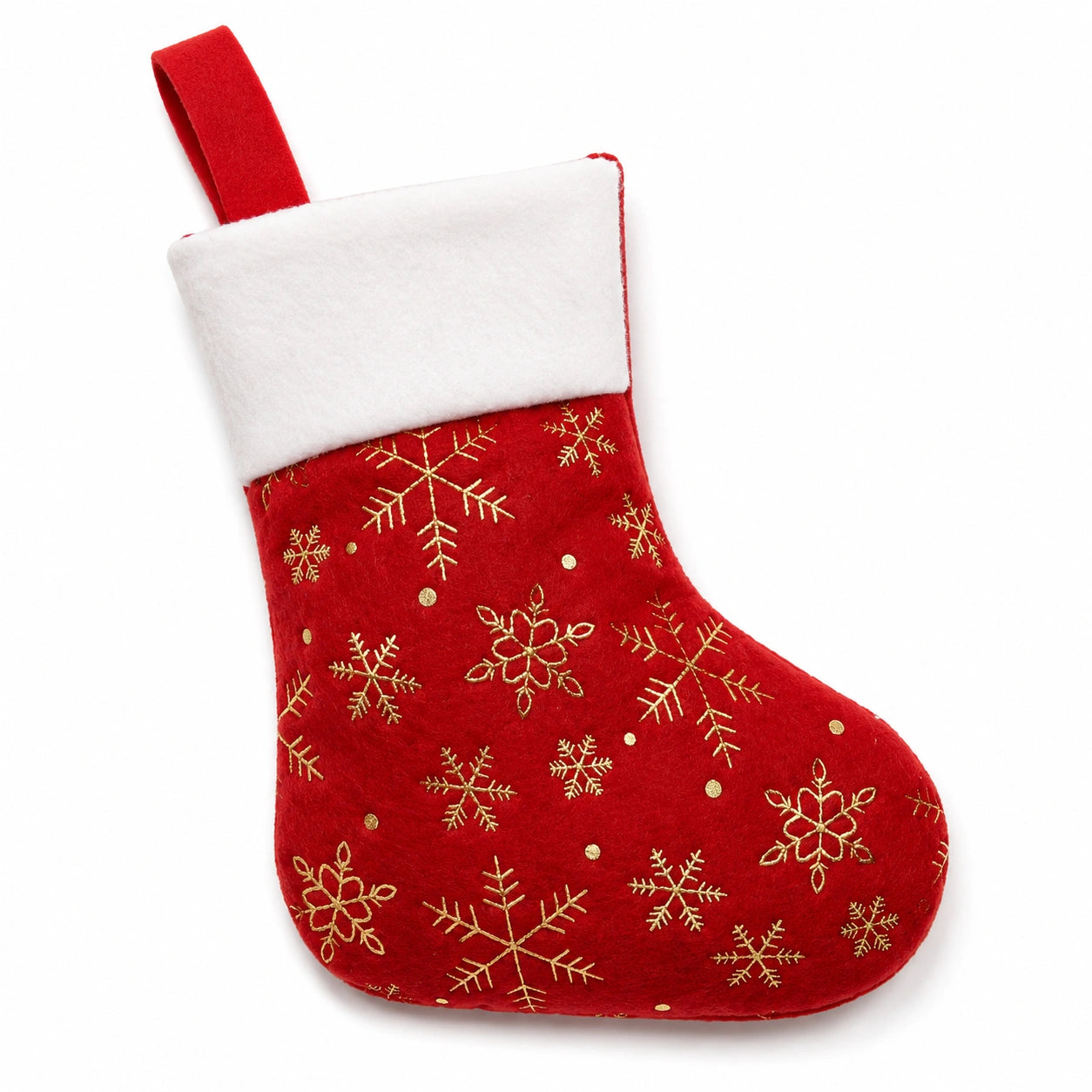 Calza decorativa natalizia in feltro rosso e bianco con fiocchi di neve ricamati