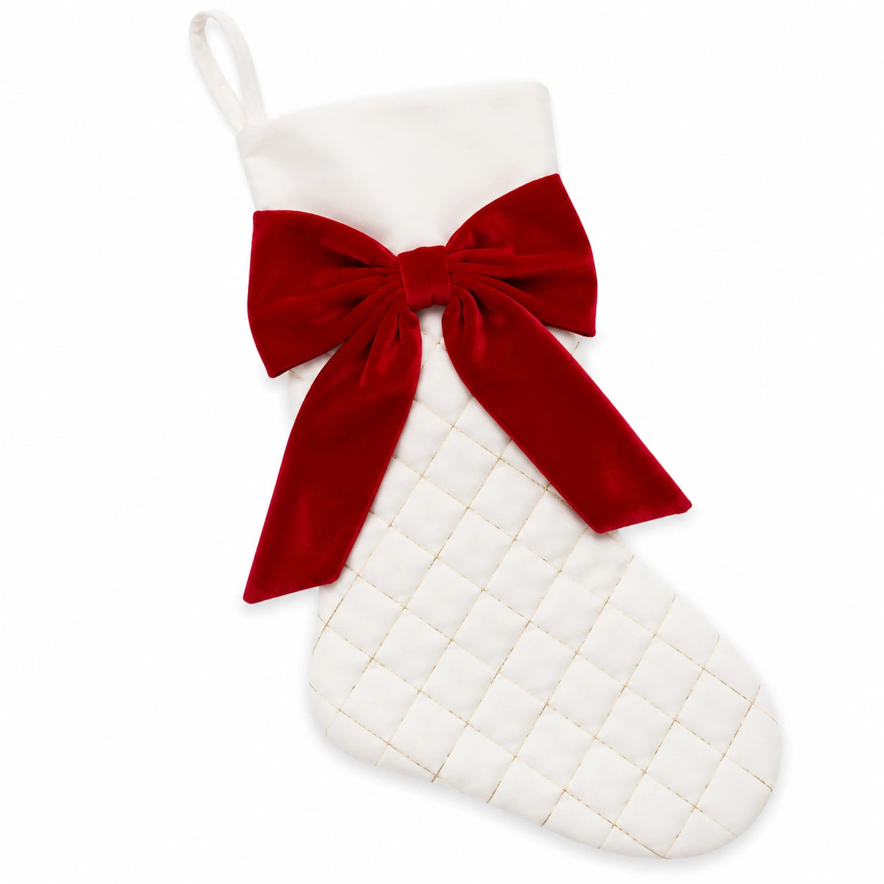 Calza natalizia 45 cm in velluto bianco e rosso con fiocco decorativo