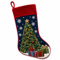 Calza natalizia 45 cm in tessuto blu e rosso con albero ricamato da appendere