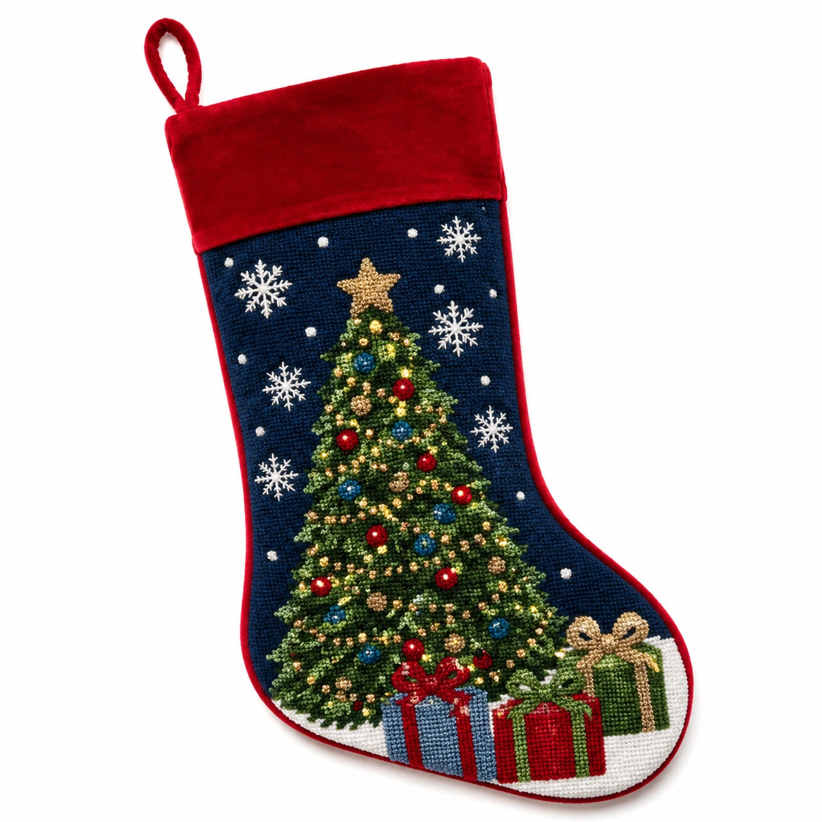 Calza natalizia 45 cm in tessuto blu e rosso con albero ricamato da appendere