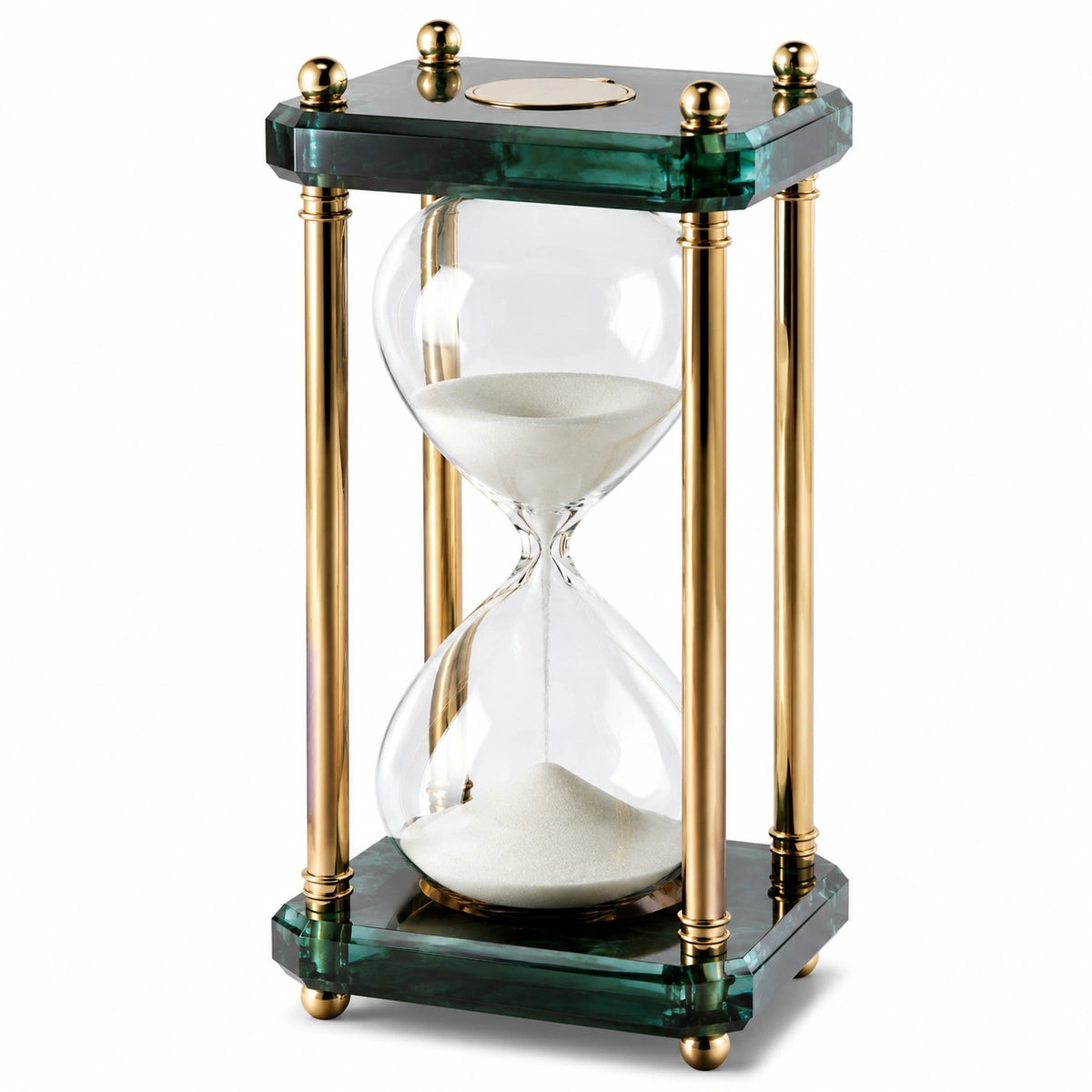 Clessidra decorativa 20 x 20 x 35 cm in vetro trasparente verde e oro con sabbia bianca stile classico